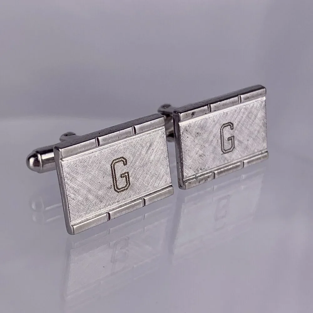 G Initial Monogram Cufflinks Block Letter Silver Tone Textured Anson Vintage K1